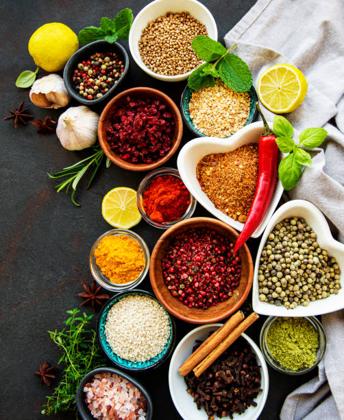 istock Various spices in a bowls on a black 1272206509
