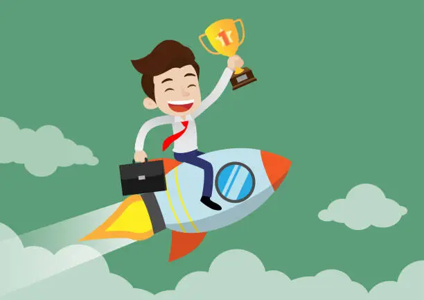 Vector illustration of Happy young businessman flying on rocket and holding gold trophy of success, Business startup concept, Flat design