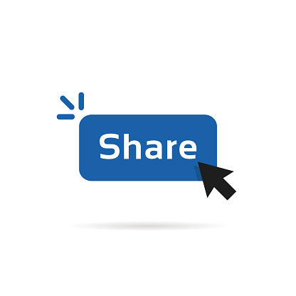 share blue button with cursor arrow. simple flat modern repost now graphic design element isolated on white background. concept of show viral or interesting content to friends or other users