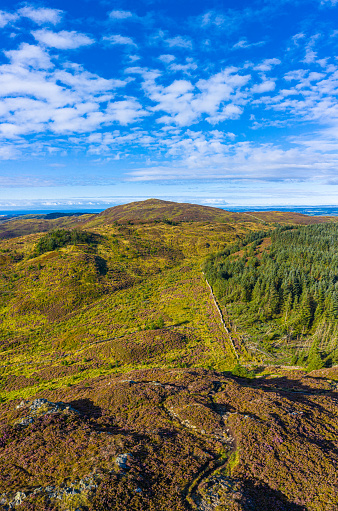 The view captured by a drone of a rural scene in south west Scotland. The panorama was created by merging several images.