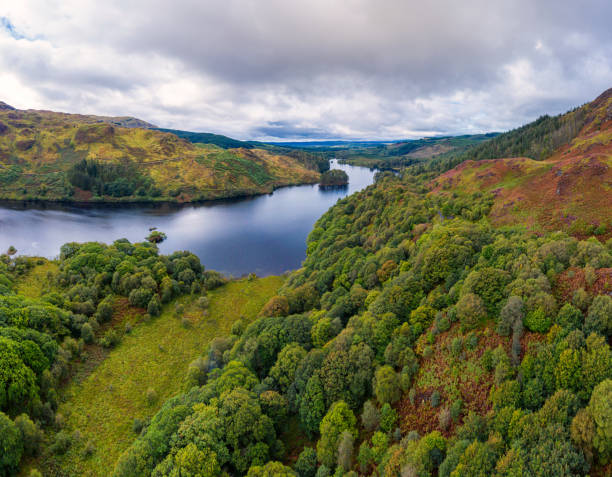 The panoramic view from a drone of a Scottish loch and woodland in Dumfries and Galloway on an overcast day The high angle view of a loch in a remote rural area of Dumfries and Galloway, south west Scotland. Although it is summer the sky is overcast with grey clouds after a shower of rain. The panorama was created by merging several images together. Galloway Hills stock pictures, royalty-free photos & images