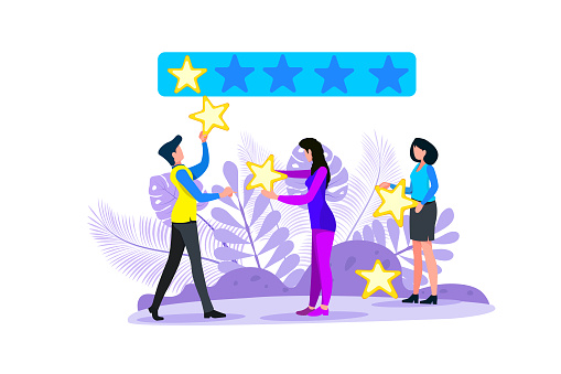 Vector illustration, Customer reviews rating, Different people give a review rating and feedback, Support for business satisfaction.