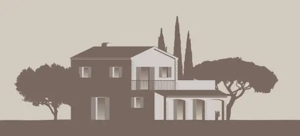 Vector illustration of mediterranean vector clip art Finca Home surrounded by trees