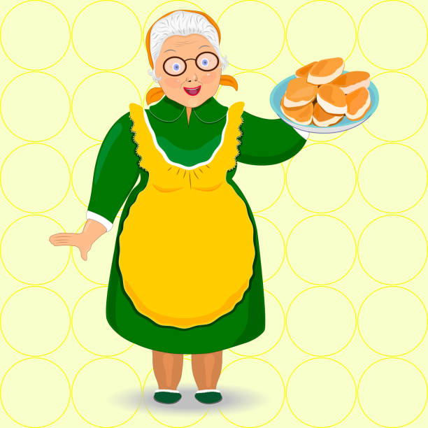 płaski styl babci z ciastami . babcia w okularach, fartuch. pieczenie, placki. przygotowywania żywności. odosobniony, biały. wektor - grandmother pie cooking baking stock illustrations