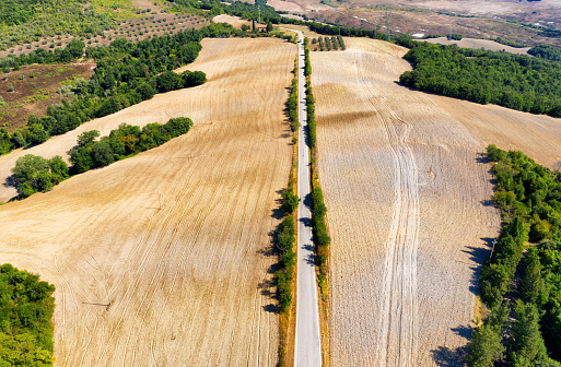 Aerial view of country road in Chianti region, Tuscany, Italy