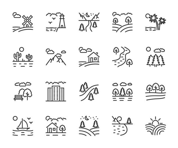 ilustraciones, imágenes clip art, dibujos animados e iconos de stock de conjunto vectorial de iconos de línea horizontal. contiene iconos parque, montañas, granja, río, desierto, bosque, lago, megalópolis, campo y más. pixel perfecto. - river