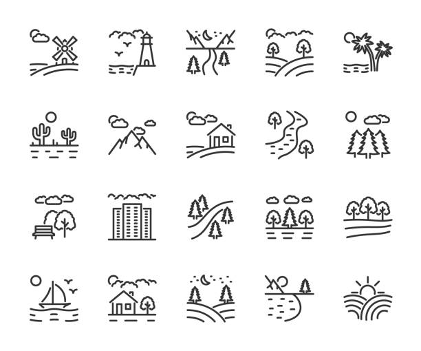 Vector set of landscape line icons. Contains icons park, mountains, farm, river, desert, forest, lake, megalopolis, field and more. Pixel perfect. Vector set of landscape line icons. Contains icons park, mountains, farm, river, desert, forest, lake, megalopolis, field and more. Pixel perfect. land stock illustrations