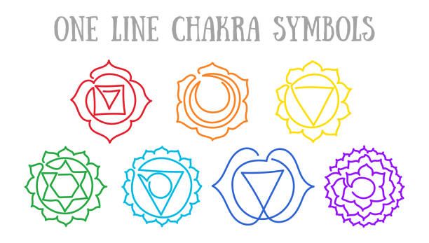 ilustraciones, imágenes clip art, dibujos animados e iconos de stock de chakras: muladhara, swadhisthana, manipura, anahata, vishuddha, ajna, sahasrara. símbolo de línea vectorial. signo de hombre. icono sagrado. meditación - om symbol lotus hinduism symbol