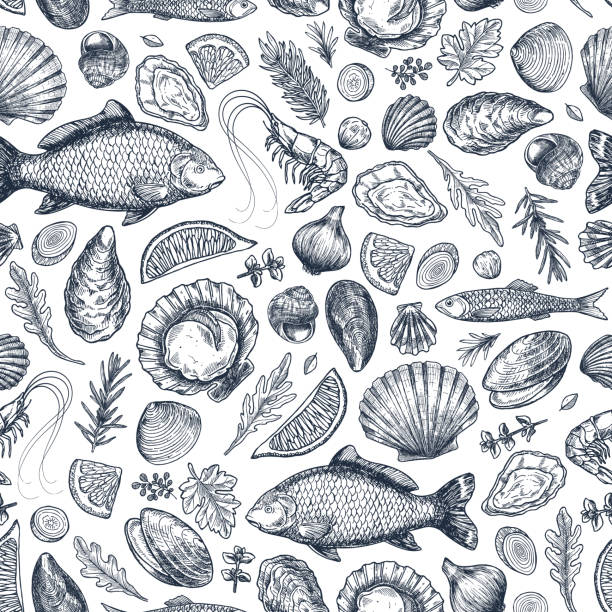 Seafood various seamless pattern. Shrimp, mussel, oyster, seashell, herbs, carp, sardine, prawn. Seafood various seamless pattern. Shrimp, mussel, oyster, seashell, herbs, carp, sardine, prawn. Vector illustration fish designs stock illustrations