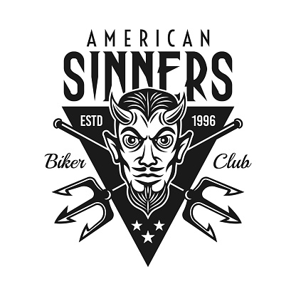 Horned devil head with two crossed tridents and text american sinners vector monochrome biker emblem or t shirt print isolated on white background