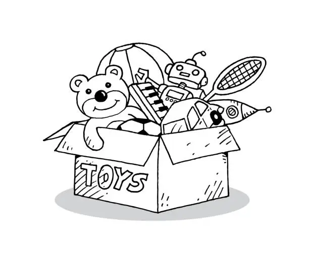 Vector illustration of Children toys in cardboard toy box