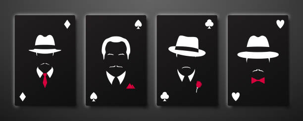 illustrations, cliparts, dessins animés et icônes de quatre as aux silhouettes d’hommes mafieux. jeu de cartes. illustration de vecteur de stock. - mob