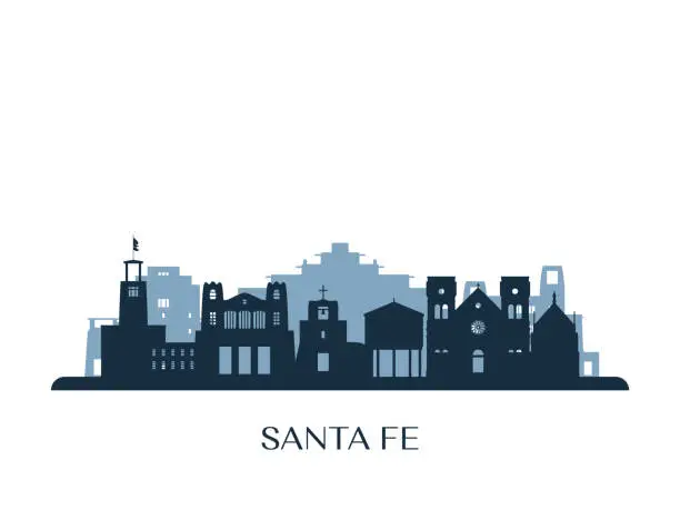 Vector illustration of Santa Fe skyline, monochrome silhouette. Vector illustration.