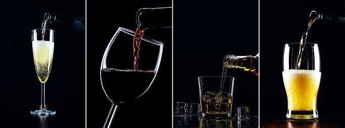 Collage of alcohol pouring on black background. Champagne, wine, whiskey and beer