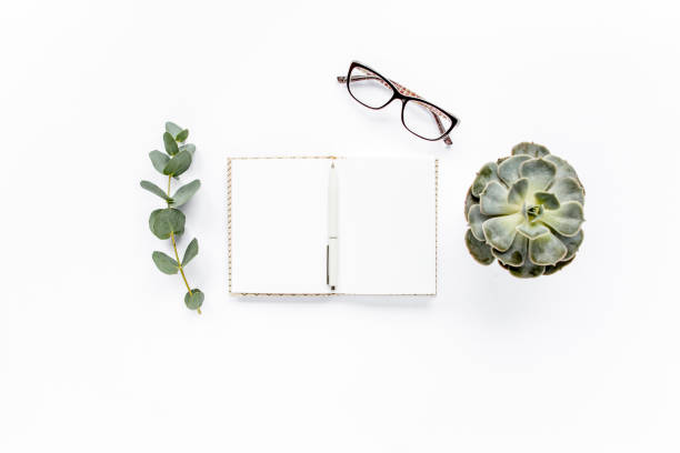 istock diary, pen, green leaves eucalyptus and glasses on white background. flat lay, top view 1272228197