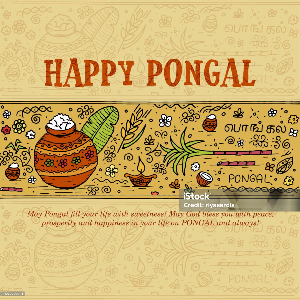 Indian Festival Pongal Wishes Doodle Sketch Old Paper Stock ...