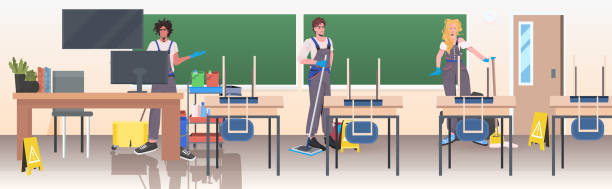 professional cleaners mix race janitors team cleaning and disinfecting floor to prevent coronavirus pandemic professional cleaners mix race janitors team cleaning and disinfecting floor to prevent coronavirus pandemic modern school classroom interior horizontal full length vector illustration school cleaning stock illustrations