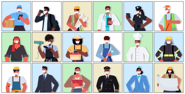コロナウイルスパンデミック労働日のお祝いを防ぐためにマスクを着用して異なる職業のミックス人種の人々を設定 - 必要不可欠なサービス点のイラスト素材／クリップアート素材／マンガ素材／アイコン素材