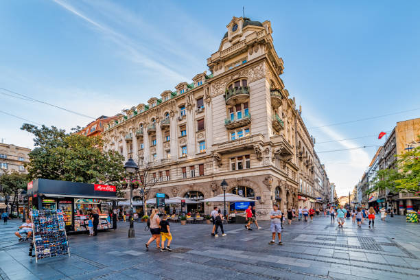 Knez Mihailova Street in downtown Belgrade with "Ruski Car" cafe in front. Belgrade, Serbia-August 27, 2020: Knez Mihailova Street in downtown Belgrade with "Ruski Car" cafe in front. The most famous promenade in the center of Belgrade. knez mihailova stock pictures, royalty-free photos & images