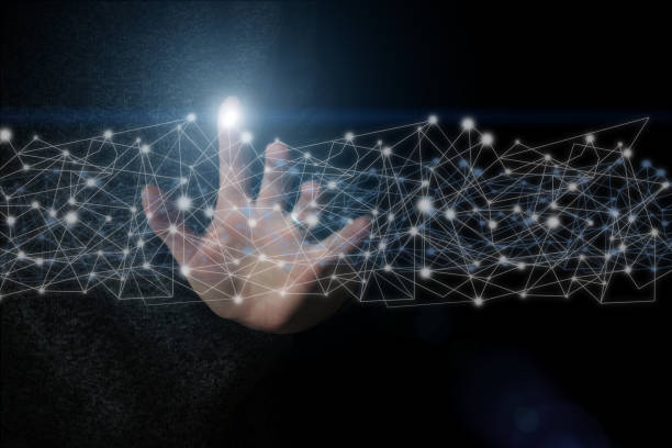 istock Hand Holding Digital Polygonal Wireframe Hologram Over Dark Background, Creative Design, Connections system and datas exchanges. 1272240957