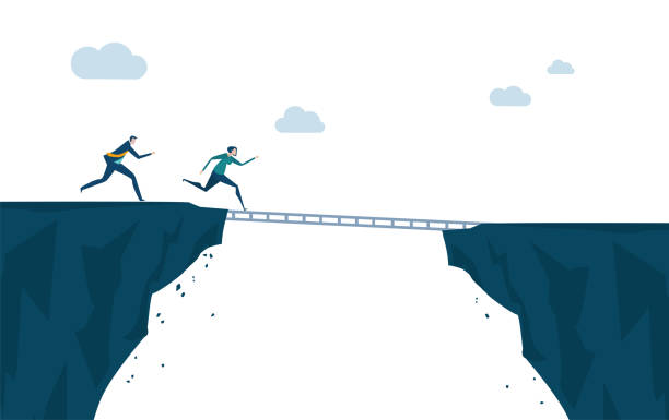 istock Business people running over the cliff with the ladder. Risky situation, make design, taking opportunity, winning concept. 1272241585
