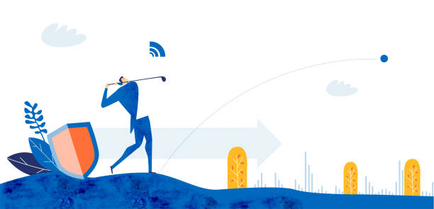 istock Successful businessman stands next to security shield and playing golf as symbol of achievement, protection, safety and success. Business concept illustration 1272241988