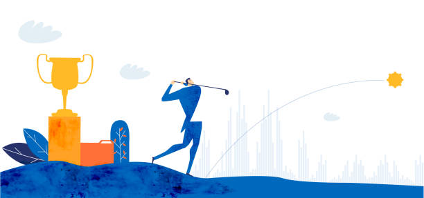 odnoszący sukcesy biznesmen stoi obok złotego trofeum i gra w golfa jako symbol osiągnięć i sukcesu. ilustracja koncepcyjnego - rules of golf stock illustrations