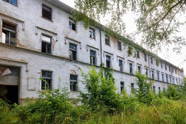 Old abandoned Rummu settlement from the Soviet era in Estonia in gloomy autumn day.