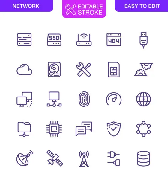 Vector illustration of Network and Technology Icons Set Editable Stroke