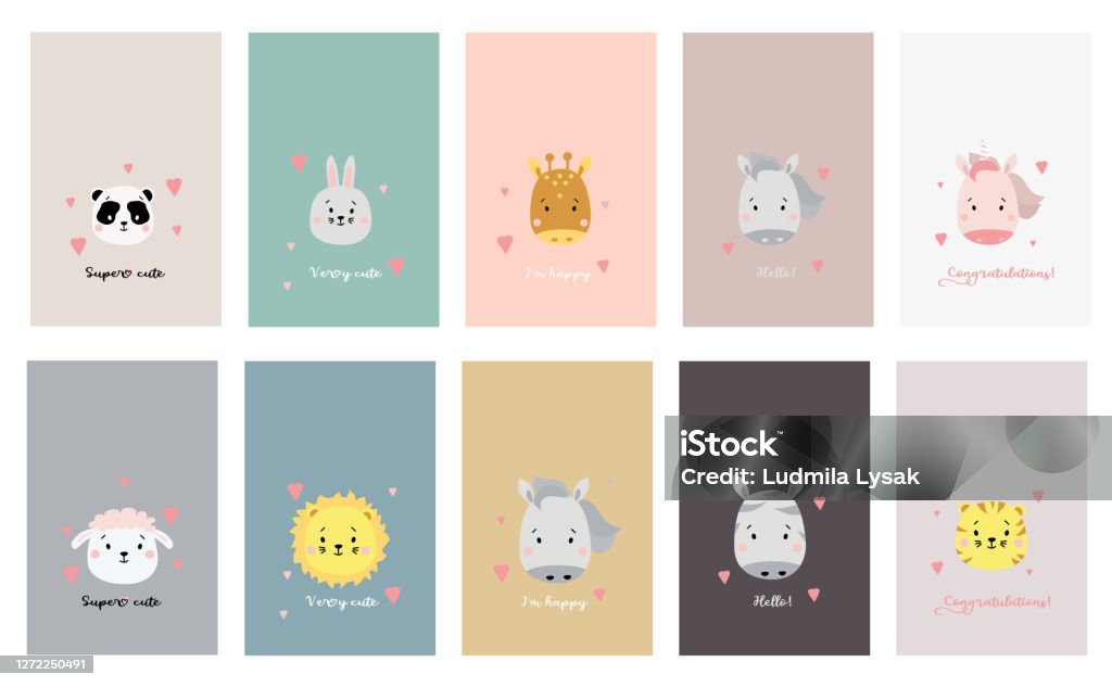 A Large Set Of Cards With Cute Animals And Quotes Funny Drawings Of Animals  Panda And Giraffe Hare And Sheep Horse And Unicorn Lion Tiger And Zebra  Vector Illustration Stock Illustration -