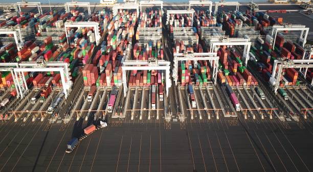 Vibrant shipping containers Aerial view of rows of shipping containers port melbourne melbourne stock pictures, royalty-free photos & images
