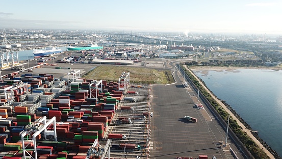 Aerial view of rows of shipping containers