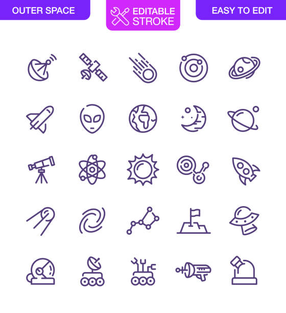 Outer Space Icons Set Editable Stroke Outer Space Icons Set Editable Stroke. Vector icons set. radio telescope stock illustrations
