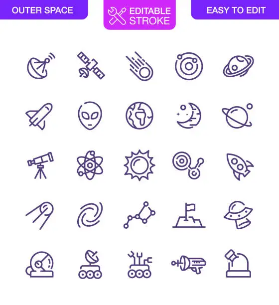 Vector illustration of Outer Space Icons Set Editable Stroke