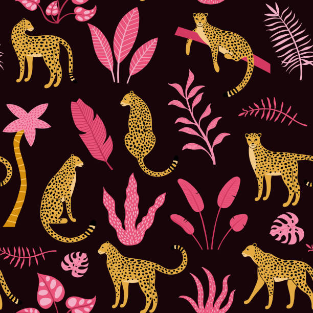 ilustrações de stock, clip art, desenhos animados e ícones de hand drawn seamless pattern with leopards, palm trees - partindo ilustrações