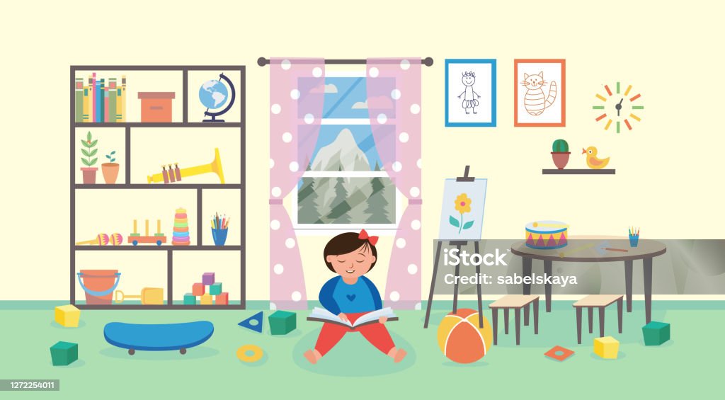 Little Girl In Child Study Room Interior Reading A Book Vector Illustration  Stock Illustration - Download Image Now - iStock