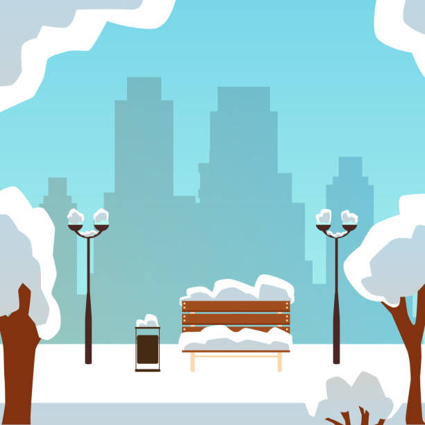 ベンチフラットベクトルイラストと冬の都市公園の風景の背景。 - snow winter bench park点のイラスト素材／クリップアート素材／マンガ素材／アイコン素材