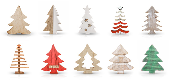 Christmas Trees Decoration Isolated on a White Background with Soft Shadow and Reflection