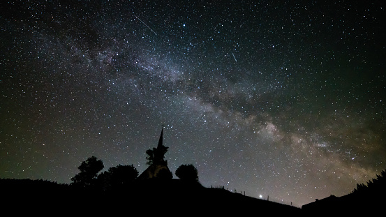 Germany, Black Forest Schwarzwald church or chapel building under millions of stars of the milky ways galaxy by night