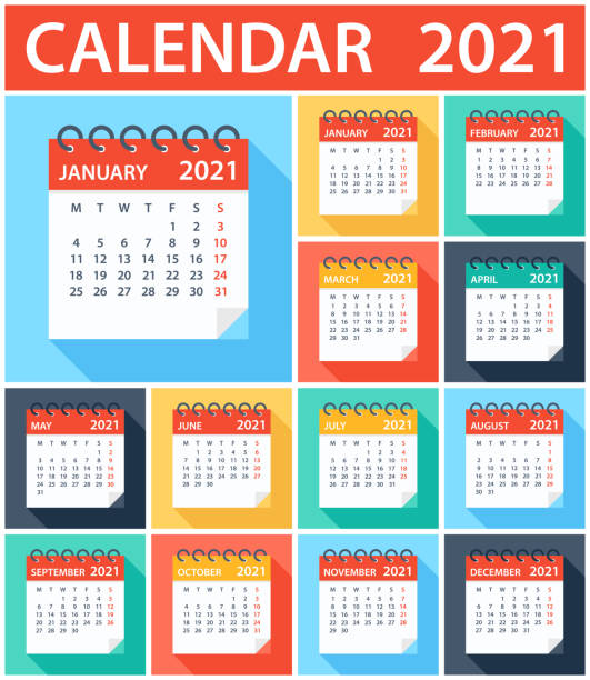 календарь 2021 - пл оский современный красочный. неделя начинается в понедельник - месяц иллюстрации stock illustrations