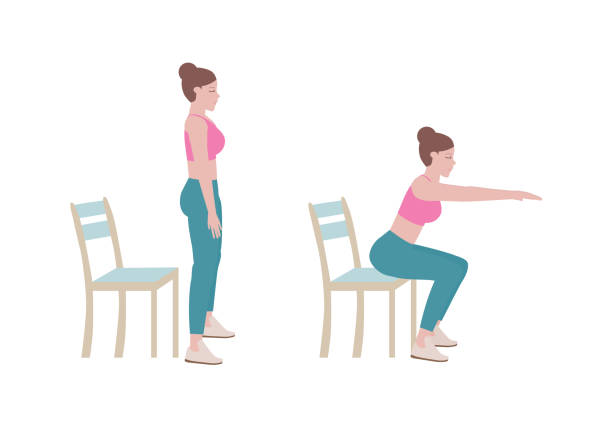 ilustrações, clipart, desenhos animados e ícones de exercícios que podem ser feitos em casa usando uma cadeira resistente. - crouching