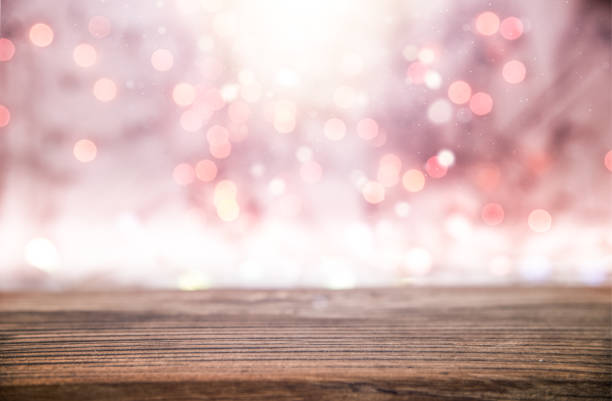 Empty Old Wooden Table with Glittery Defocused Lights