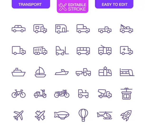 Vector illustration of Transport Line Icons Set Editable Stroke