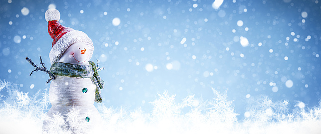 Happy snowman standing in a snowy winter day. Christmas landscape.