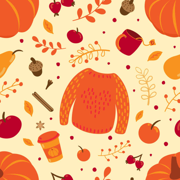 Cozy hygge style. Warm autumn mood. Seamless autumn pattern knitted sweater, pumpkin, fall leaves, acorn, coffee, cinnamon, spices, tea, apple, pear. Autumn vibes, boho, home design, halloween Cozy hygge style. Warm autumn mood. Seamless autumn pattern knitted sweater, pumpkin, fall leaves, acorn, coffee, cinnamon, spices, tea, apple, pear. Autumn vibes, boho, home design, halloween knitted pumpkin stock illustrations