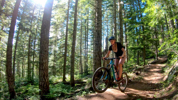 istock Female mountain biker rides along forested path 1272260617