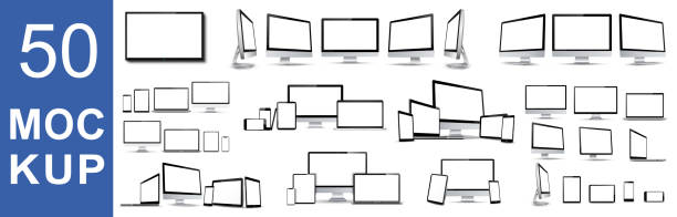 ilustraciones, imágenes clip art, dibujos animados e iconos de stock de conjunto de 50 maquetas de dispositivos de tecnología de vanguardia con pantalla vacía - vector de stock - equipment