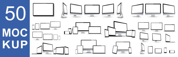 ilustrações de stock, clip art, desenhos animados e ícones de set of 50 mockups fore technology devices with empty display - stock vector - full screen