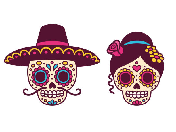 Cartoon Mexican sugar skulls couple for Dia de los Muertos (Day of the Dead). Male skull with mustache and sombrero hat and female with flowers. Cute vector clip art illustration.