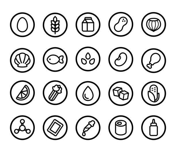 Allergens icon set Set of allergy ingredient icons, common allergen warning. Gluten and nuts, eggs and dairy, artificial sweeteners and preservatives, and more. Simple line icon style. food allergies stock illustrations
